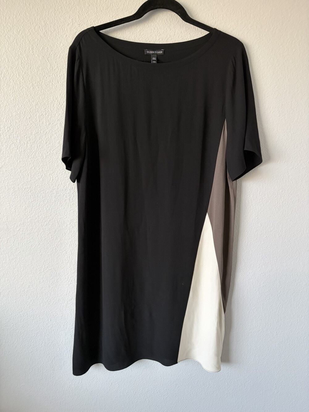 NWOT Eileen Fisher Colorblock Silk Shift Knee Length Dress Black/Brown/Ivory M